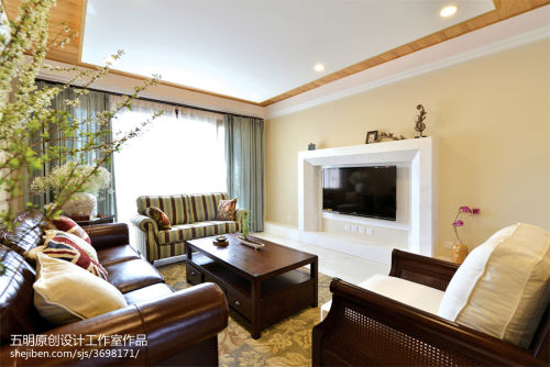 客厅窗帘装修效果图四居美式客厅电视墙装修设计